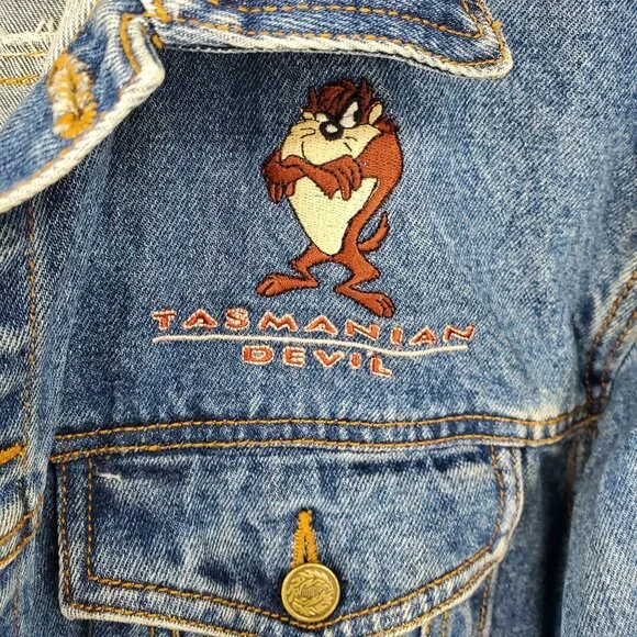 Vintage Looney Tunes Tasmanian Devil Mean and Rough Patch Jean Jacket Large - Picture 4 of 16